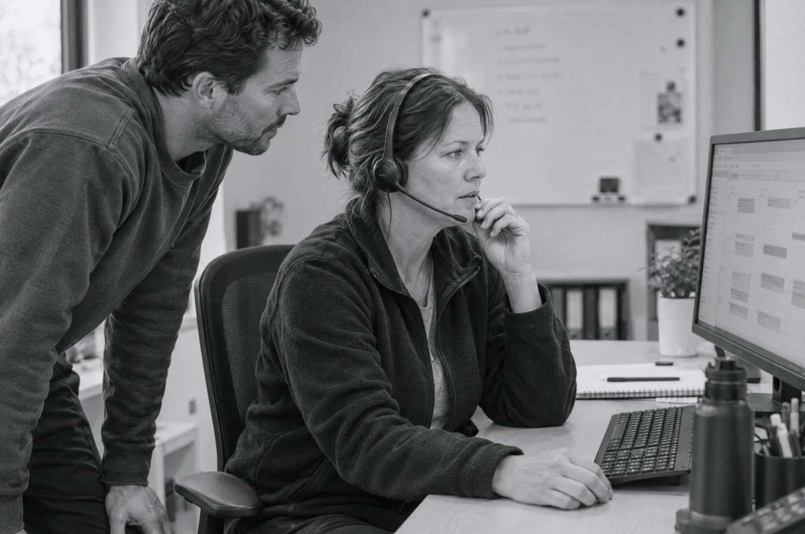 Two people in an office listening to a test call on a headset, a booking calendar on screen