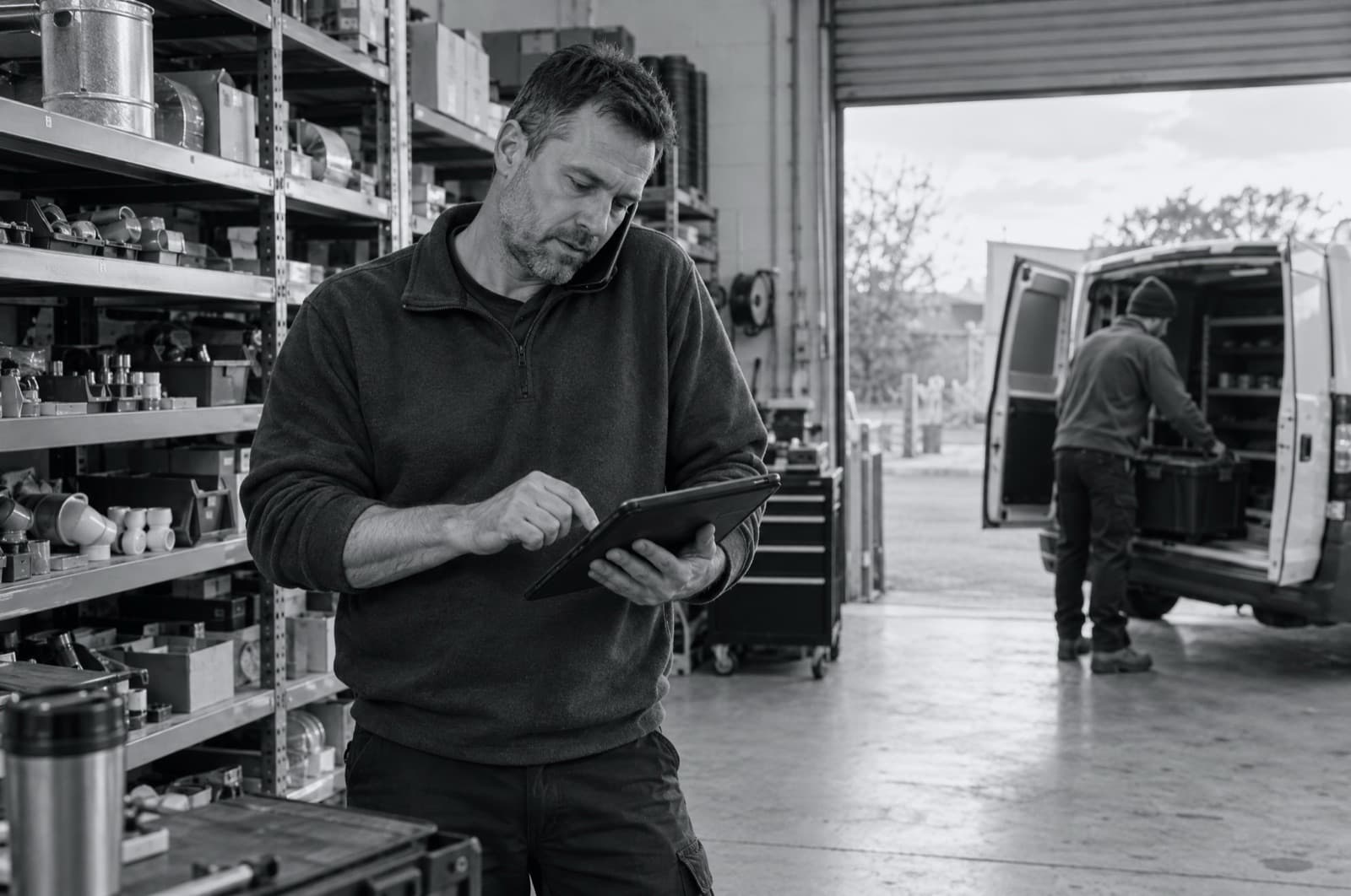 An owner in his shop checking a tablet while a technician loads a service van
