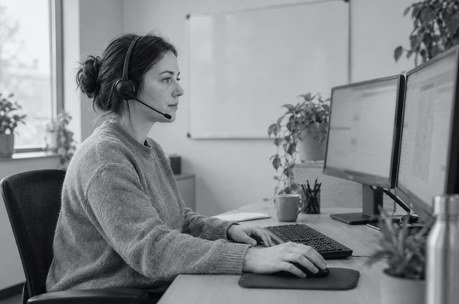 A dispatcher in a headset working at her desk in a small service company office