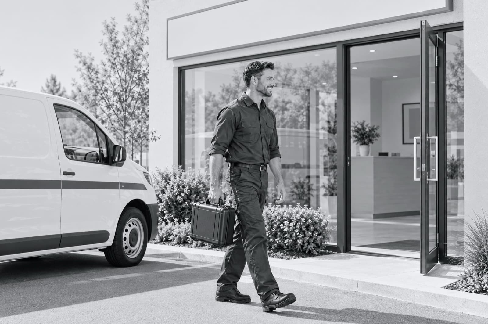 A technician walking into a branch office, a service van parked outside.