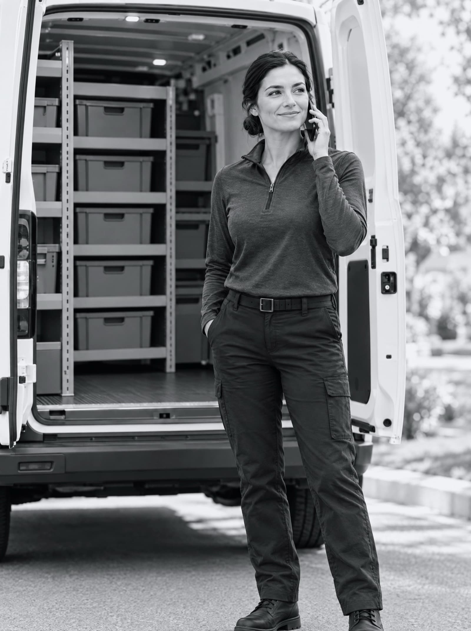A business owner on a phone call at the back doors of her work van, storage bins on the shelves.