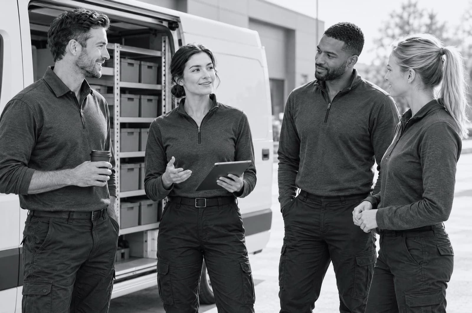 A crew of four technicians briefed from a tablet beside an open service van.