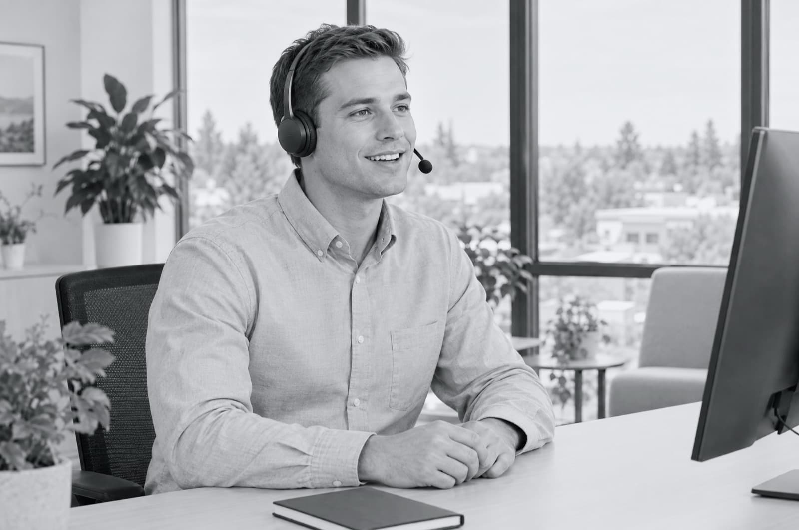 A dispatcher in a headset taking a call at his desk in a bright office