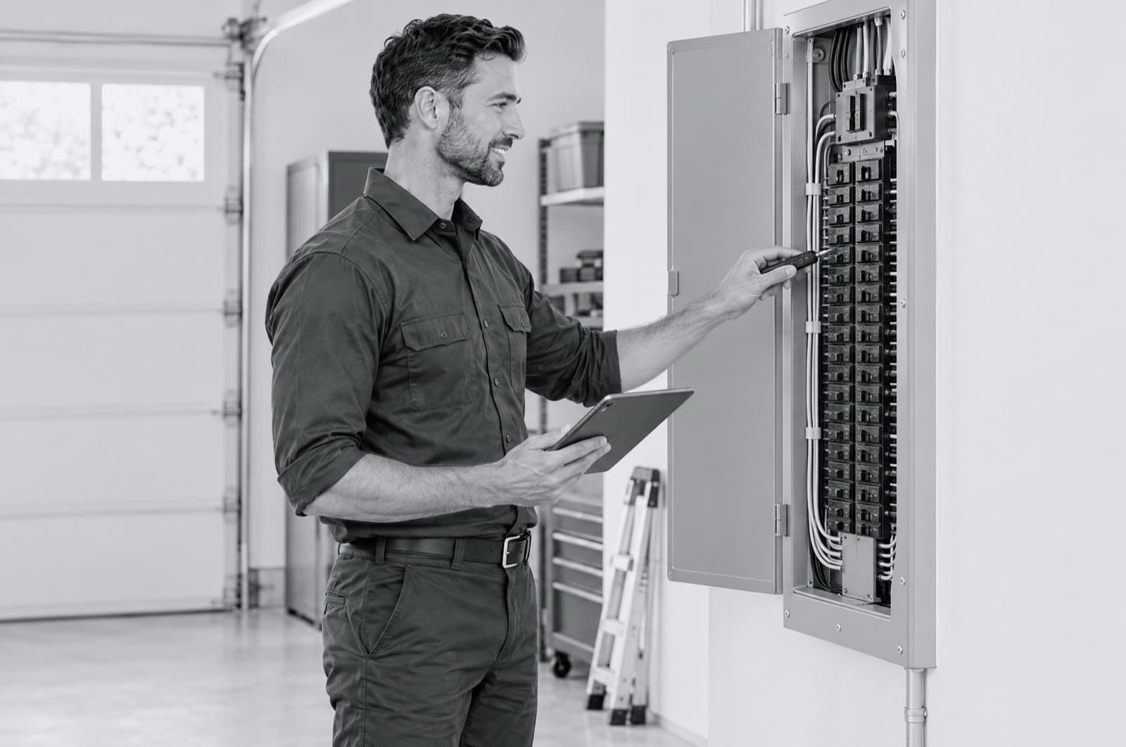 An electrician testing a new breaker panel, tablet in hand.