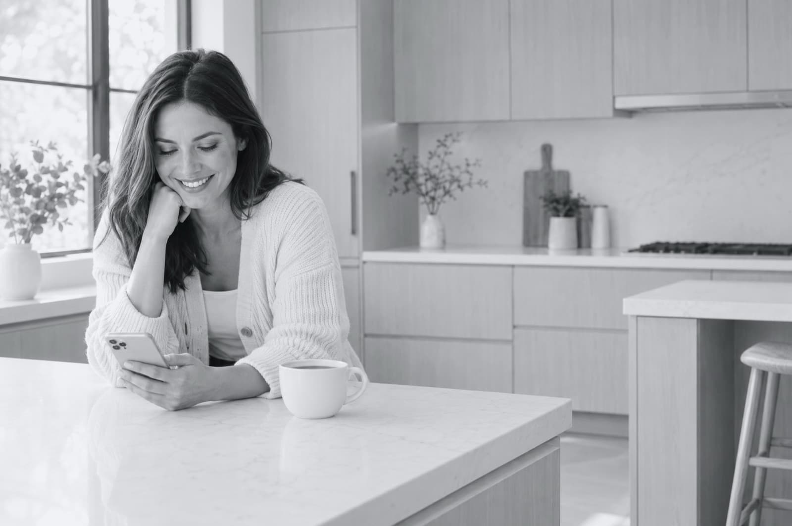 A homeowner smiling at her phone at a bright kitchen counter.
