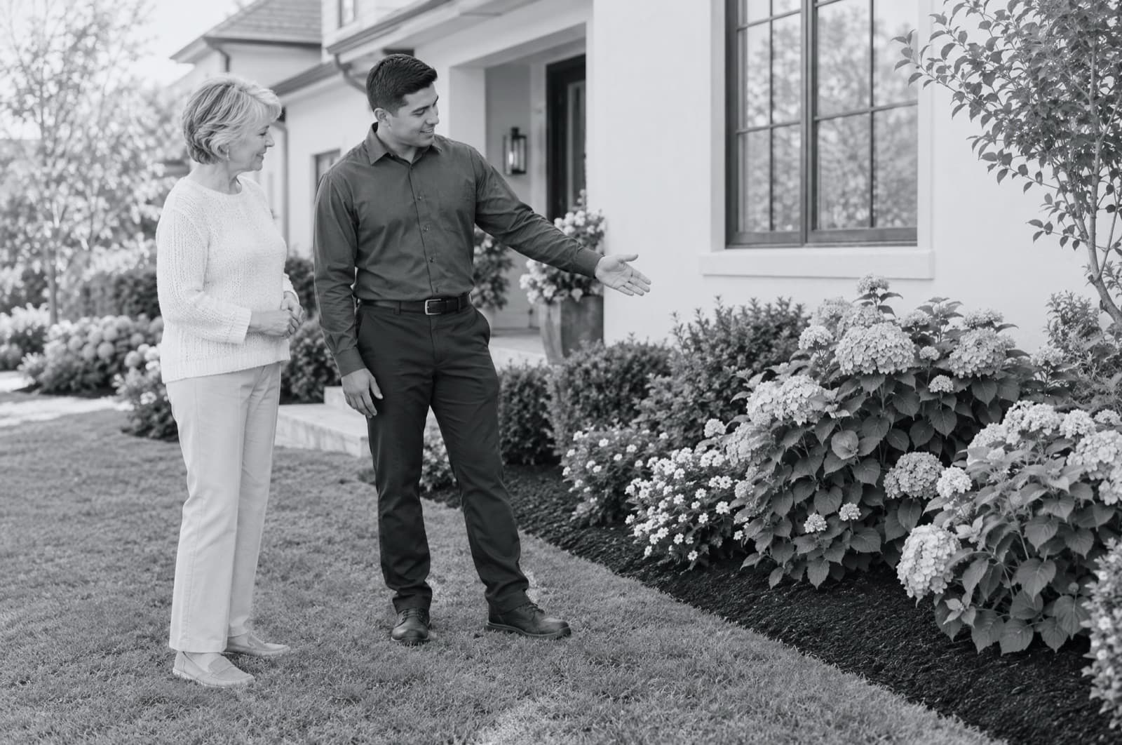 A landscaper showing a homeowner her newly edged flower beds.