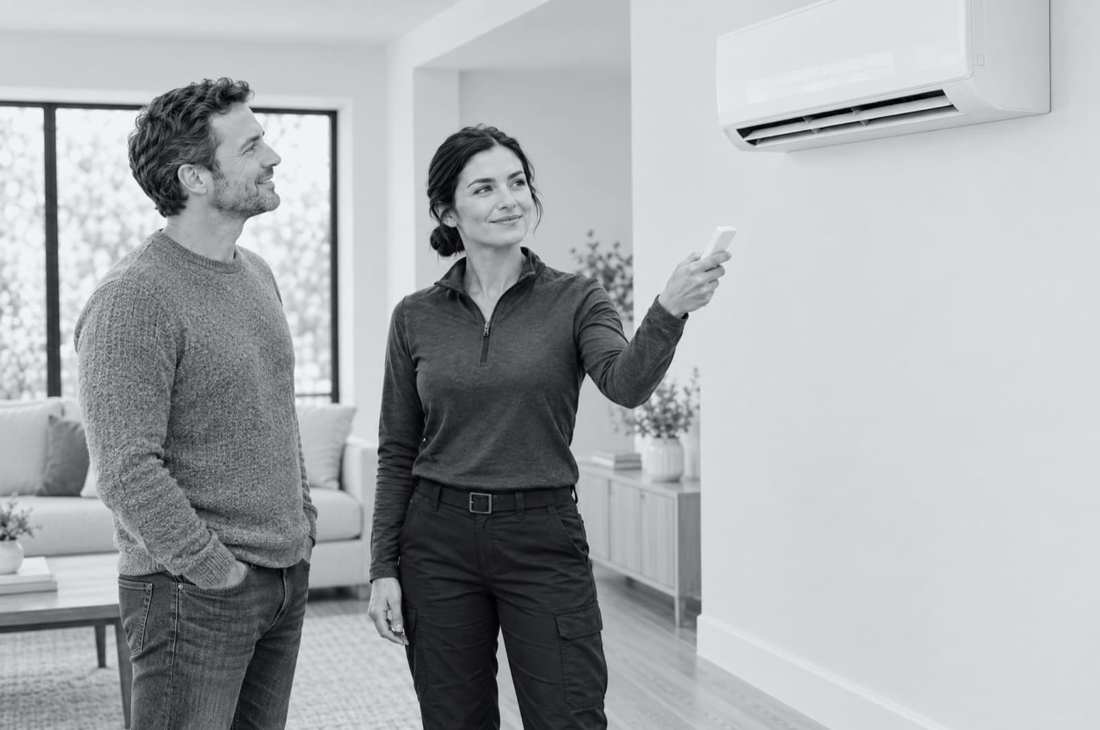 An HVAC technician testing a new mini split while the homeowner looks on.
