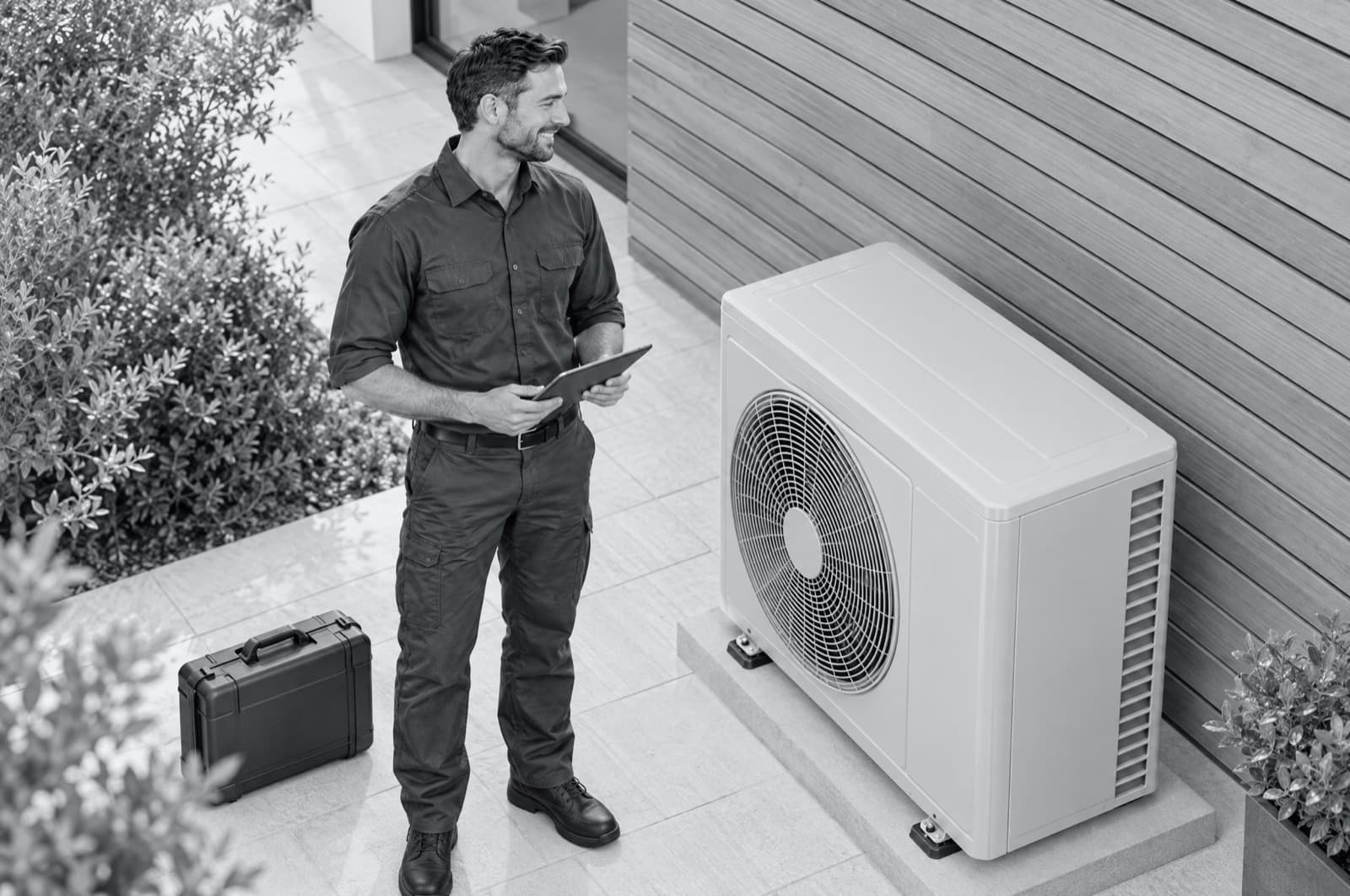 An HVAC technician checking a new outdoor unit, seen from above.