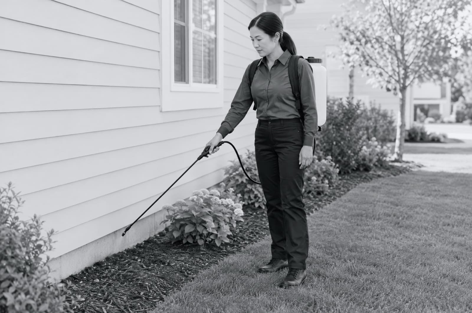 A pest control technician treating along a house foundation.