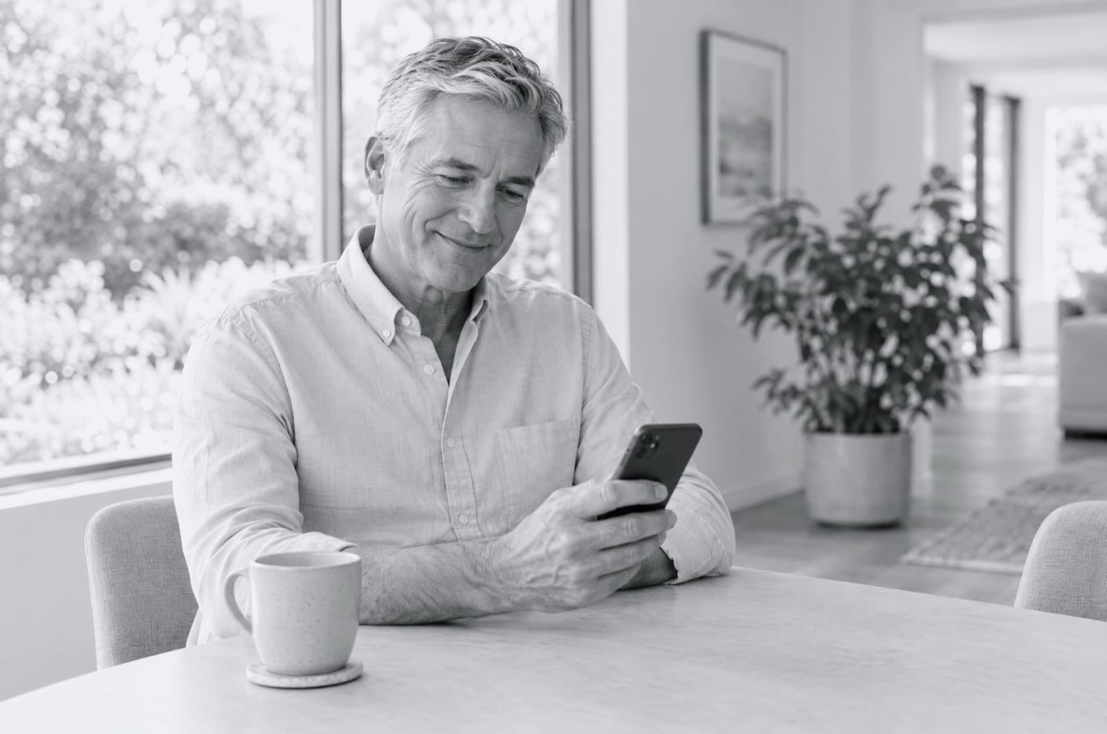 A homeowner smiling at a follow-up text at his dining table