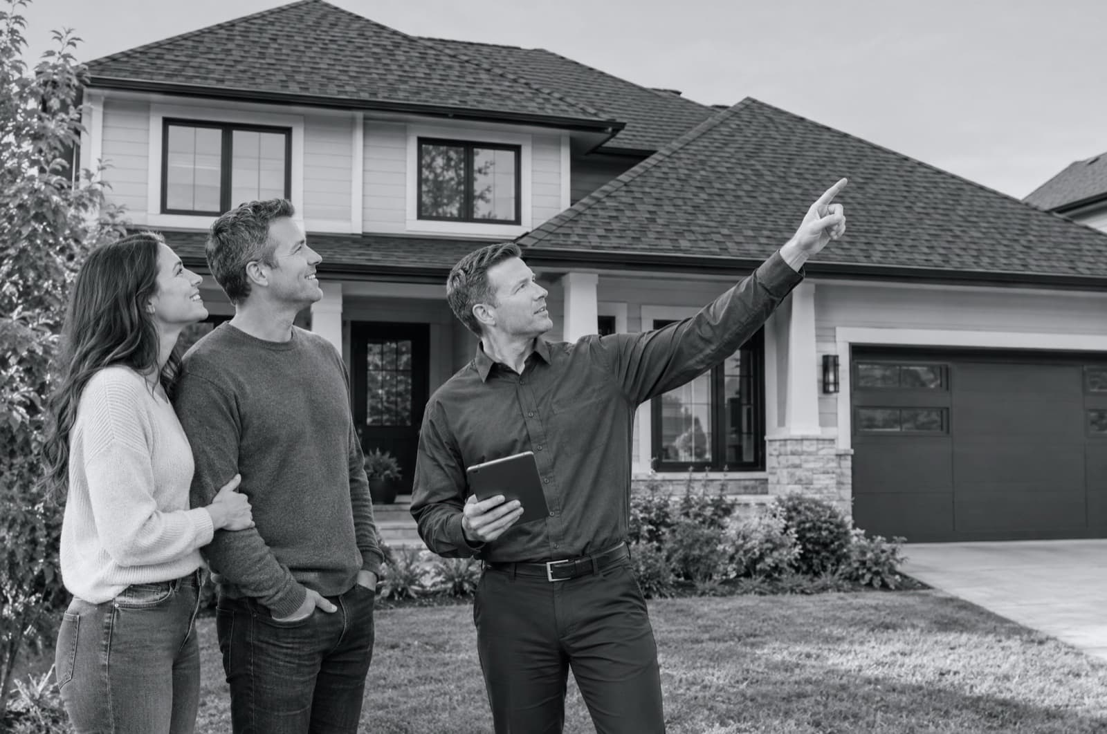 A roofing project lead showing a couple their new roof.