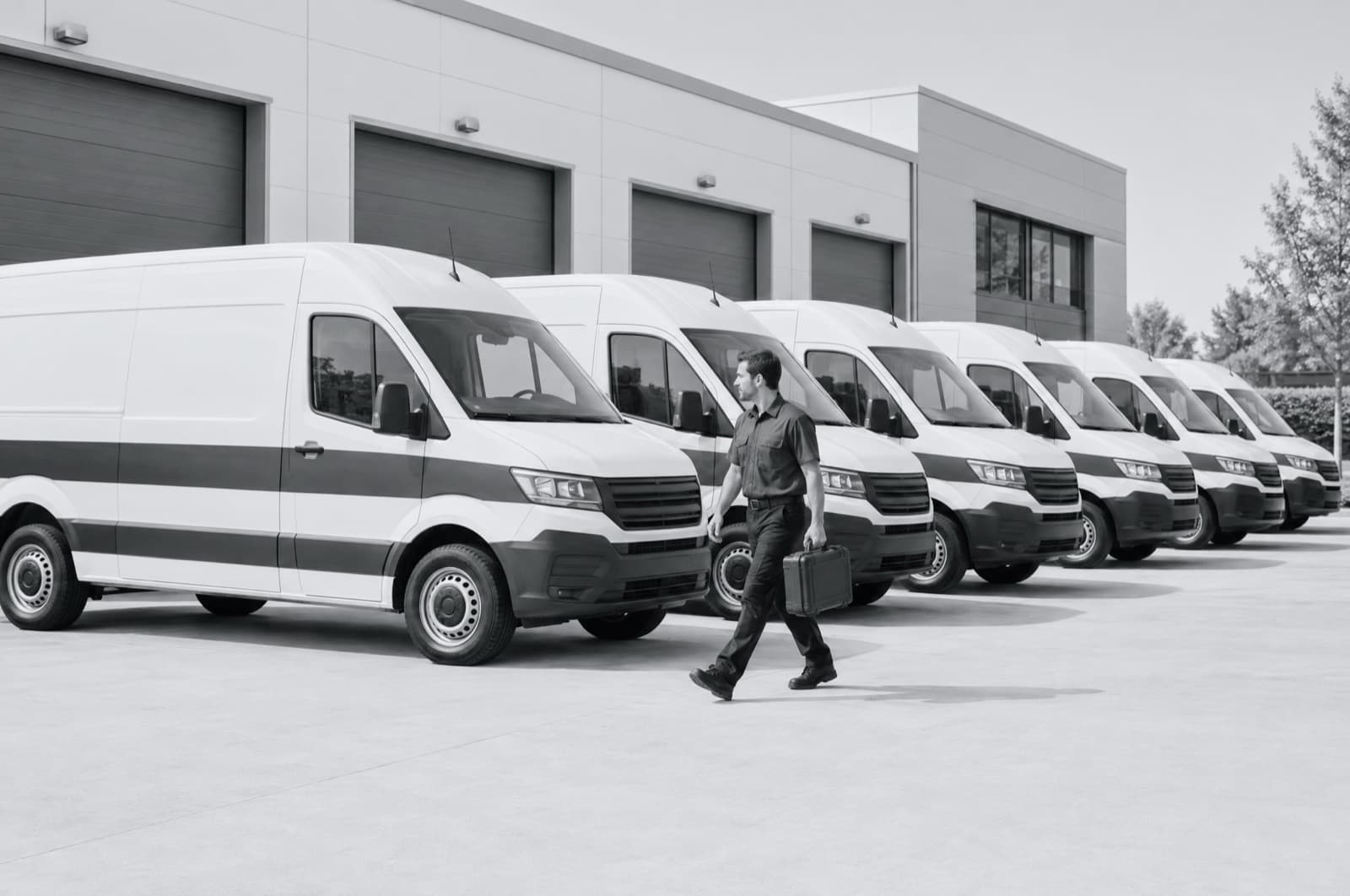 A row of service vans at a depot, a technician walking past them.