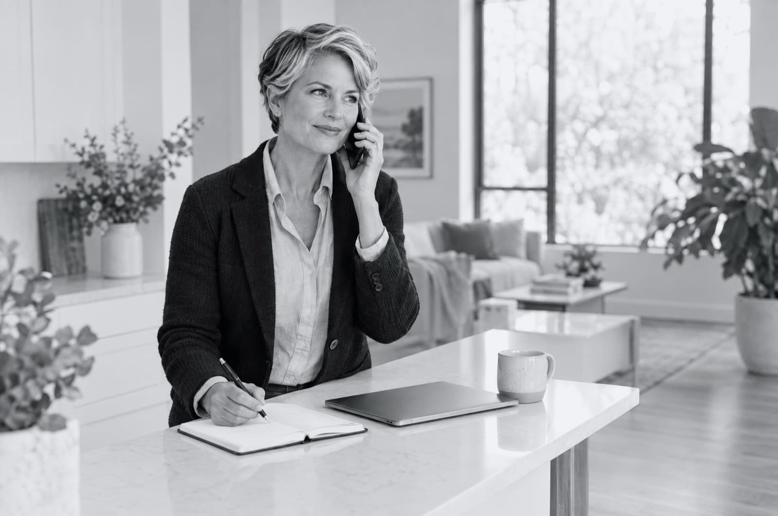 A business owner on the intake call at her kitchen island, taking notes