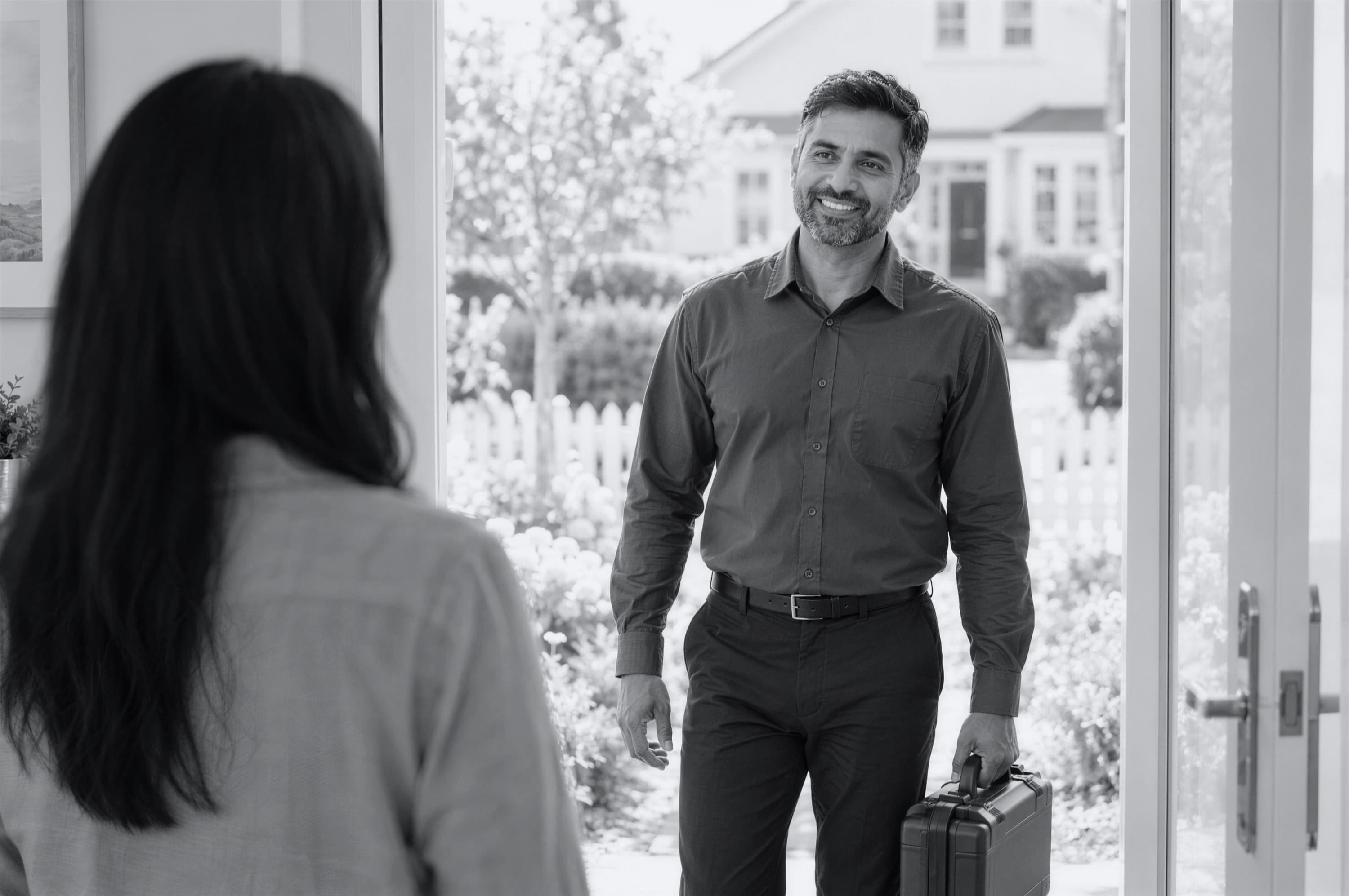 A technician smiling at a homeowner's open front door, tool case in hand.