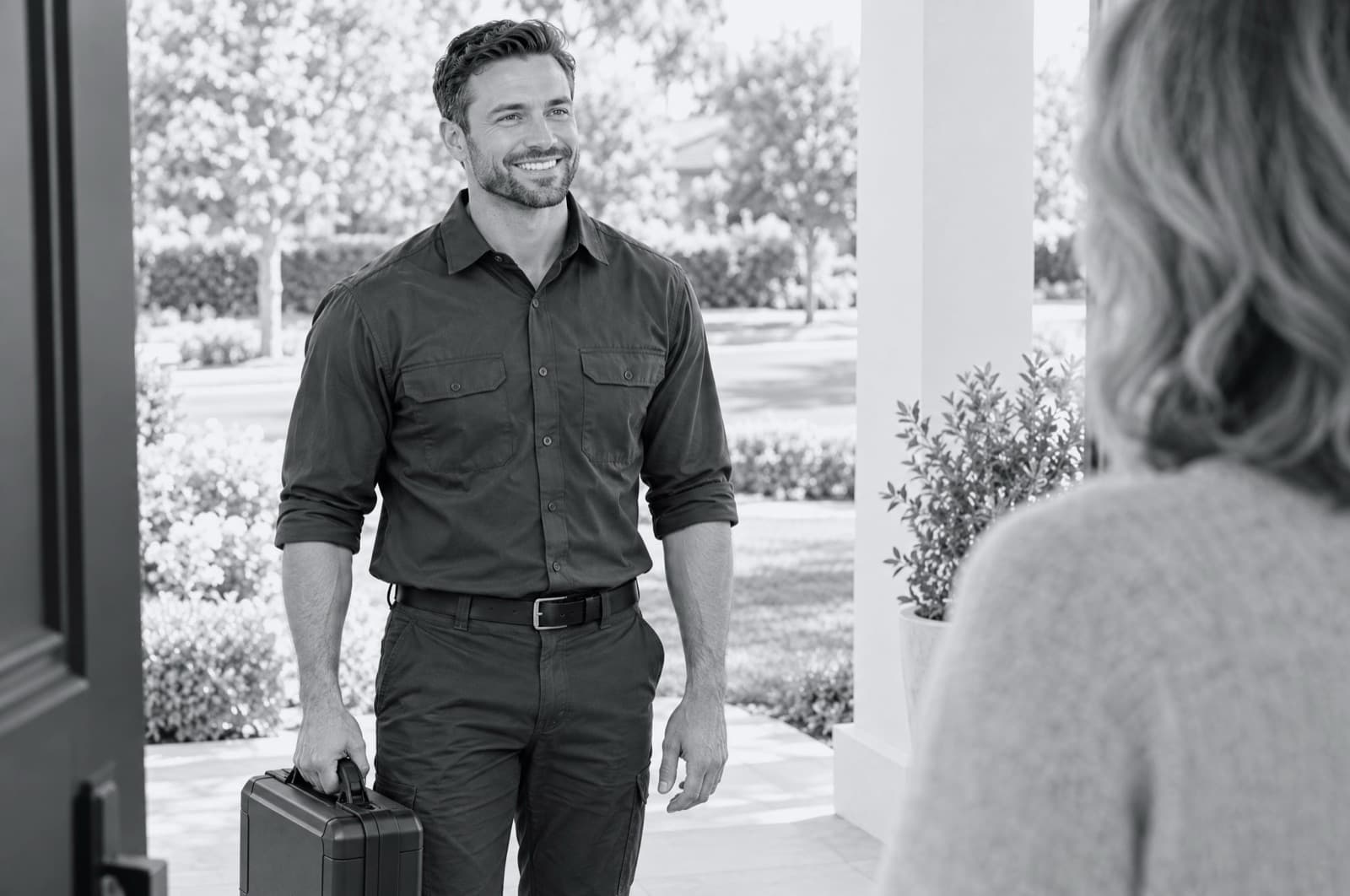 A technician greeted at a homeowner's front door.
