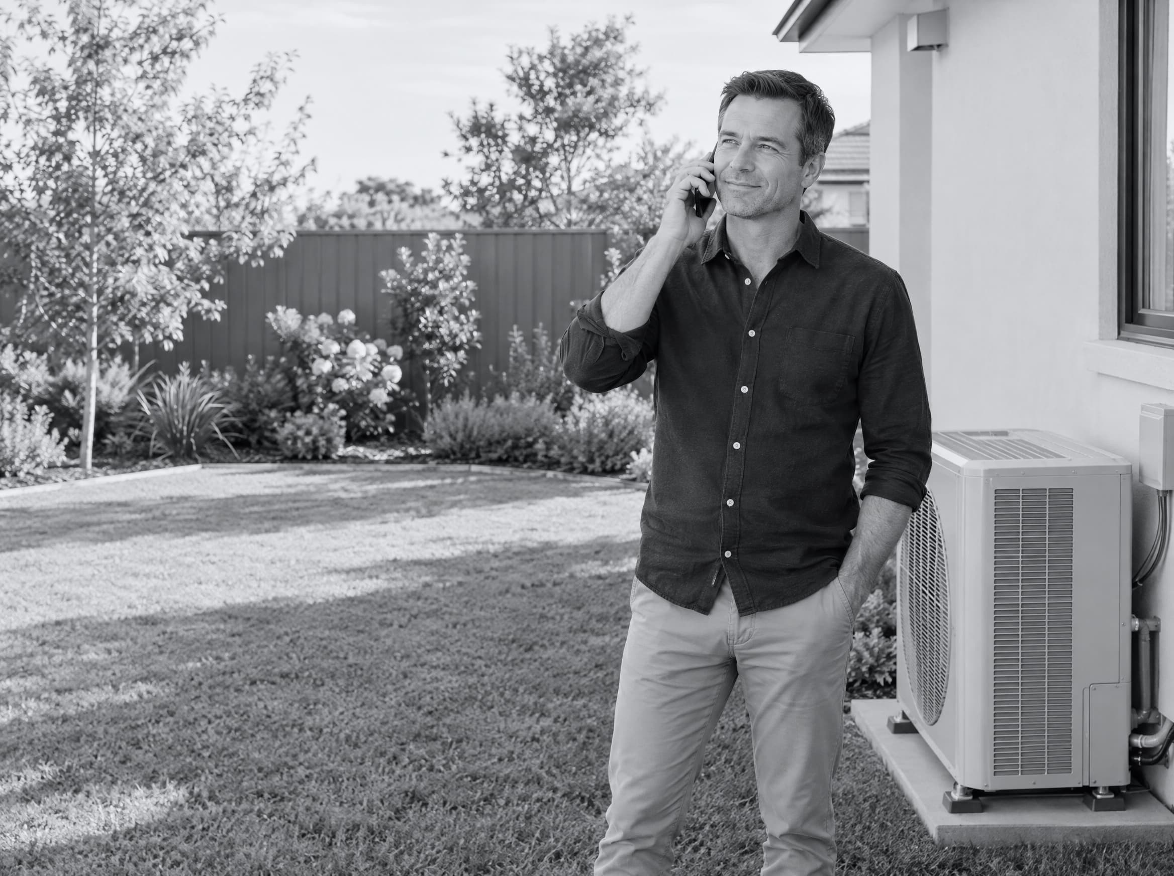 A homeowner on the phone in his backyard beside his air conditioner, calm and smiling.