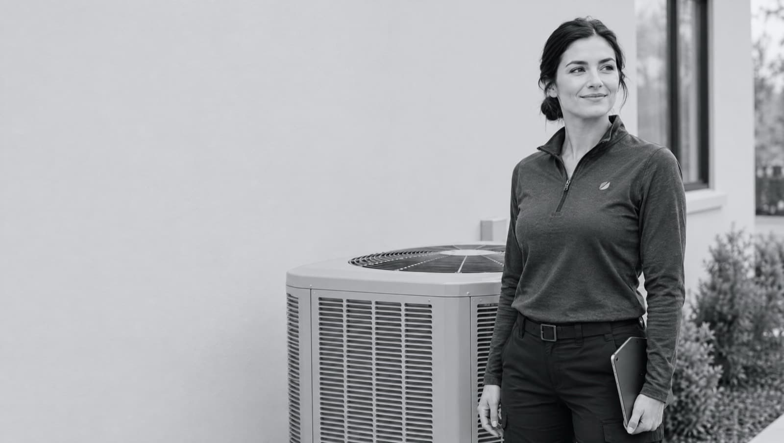 A technician in a charcoal uniform beside a new outdoor unit at a pale modern house, tablet in hand