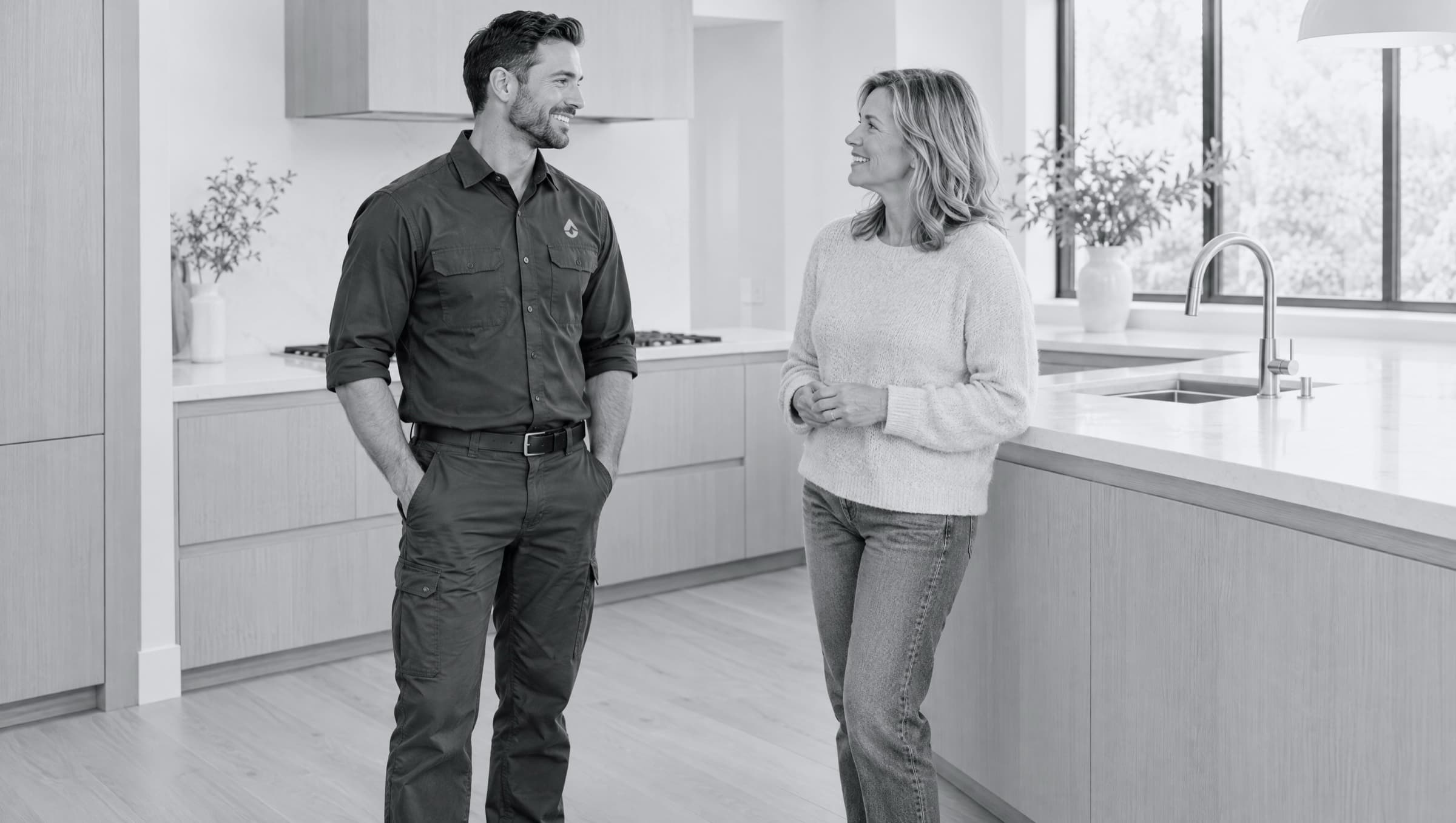 A technician in a charcoal uniform and a homeowner talking, at ease, in a bright new kitchen