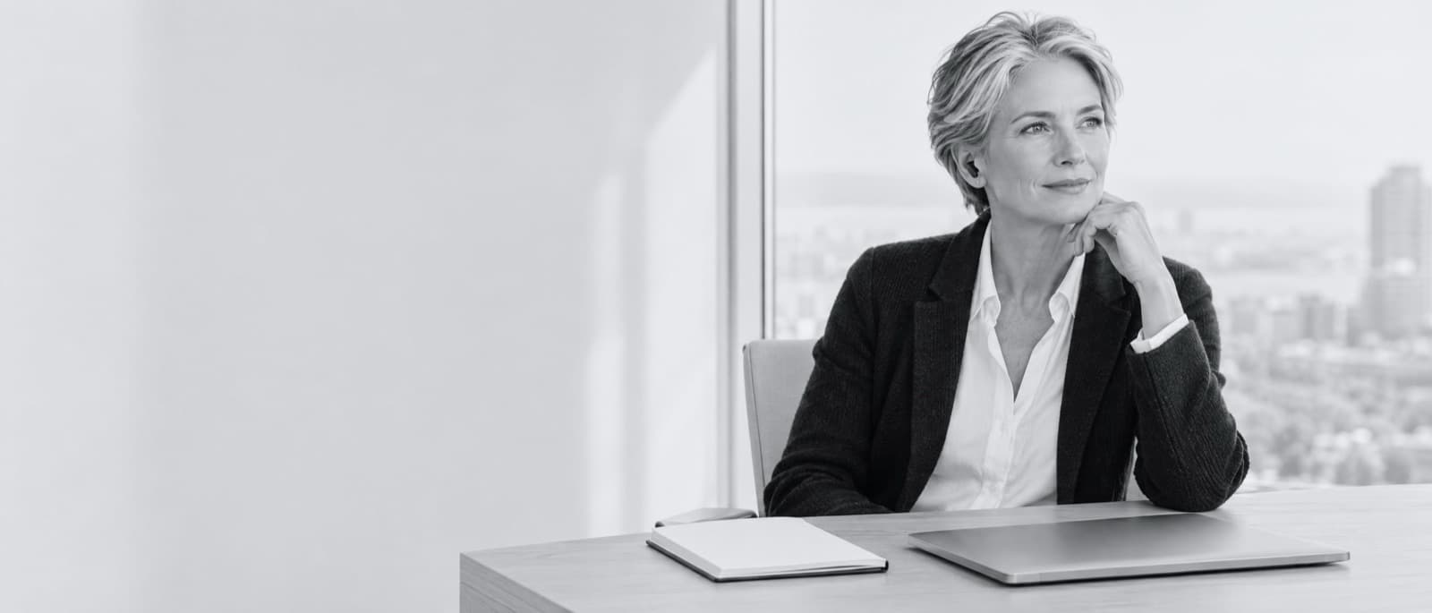 A business owner at her office desk by a window, listening on an earpiece