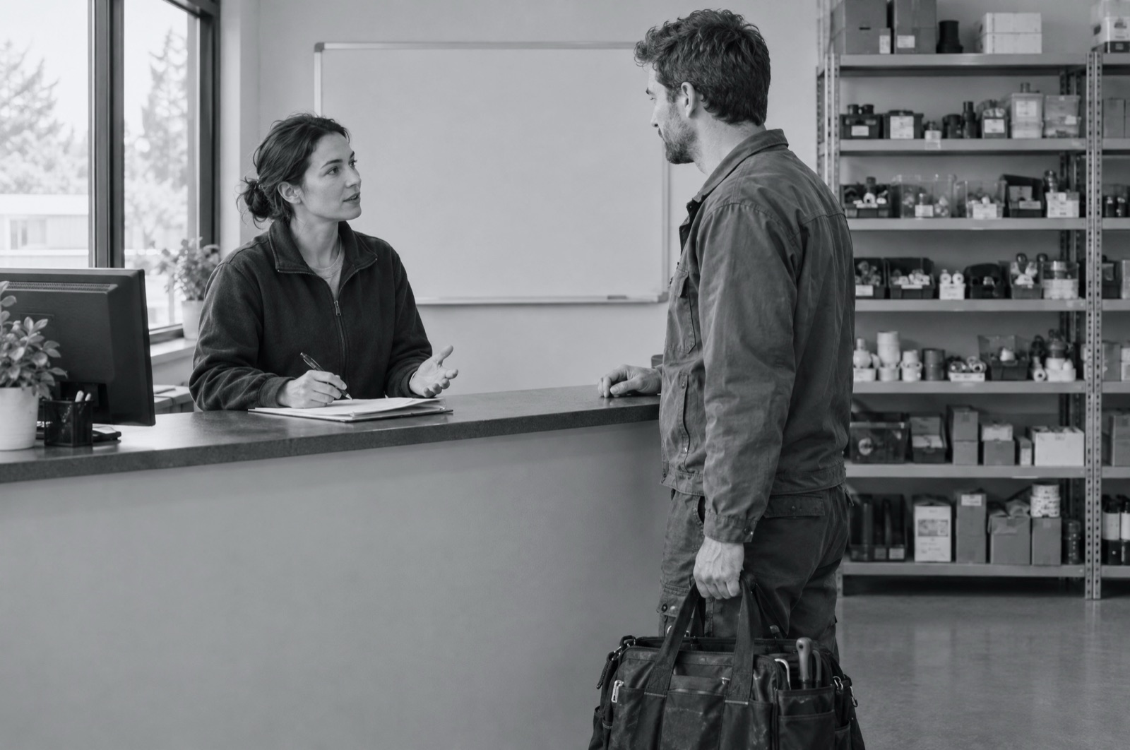 A branch coordinator at the front counter talking with a technician holding his tool bag