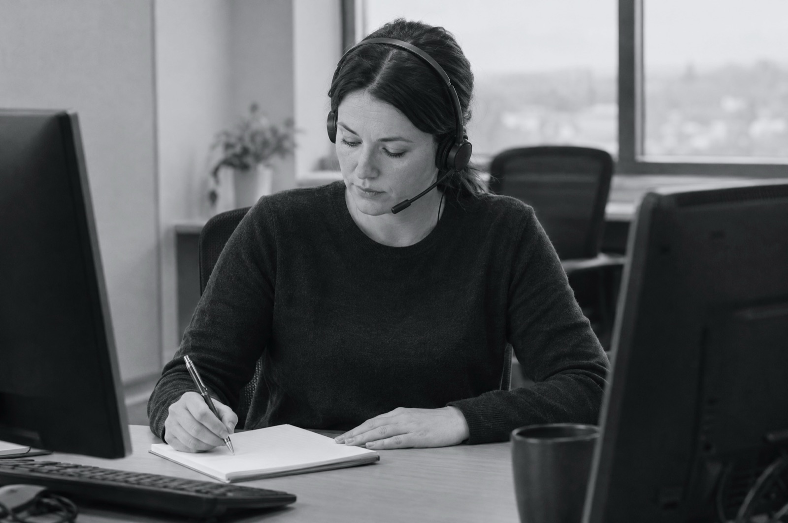 A woman in a headset taking notes at a desk between two monitors