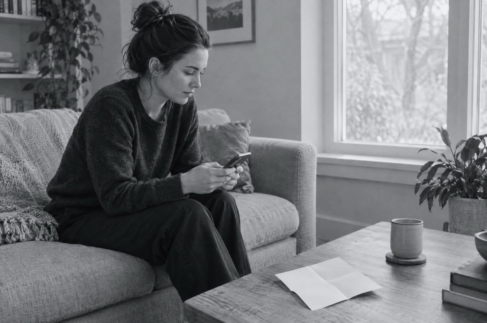 A homeowner on her sofa reading a text, a quote sheet on the table.