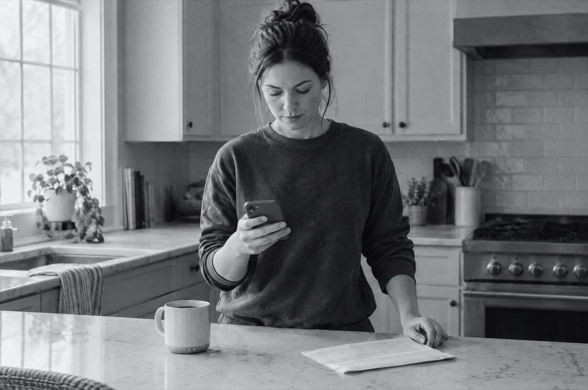 A homeowner reading a text at her kitchen island