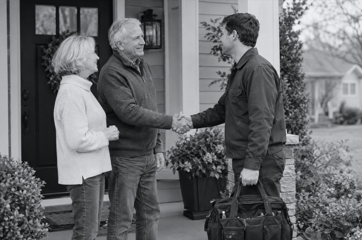An older man shaking hands with a technician on his porch, a woman standing beside him