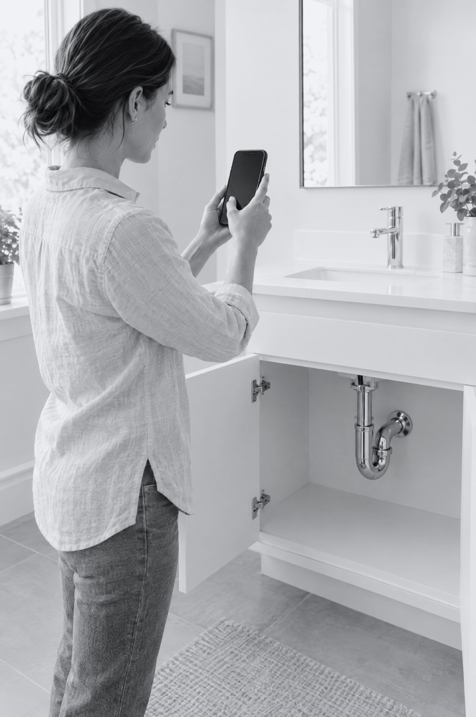 A homeowner photographing the pipe under her bathroom sink to get a quote.