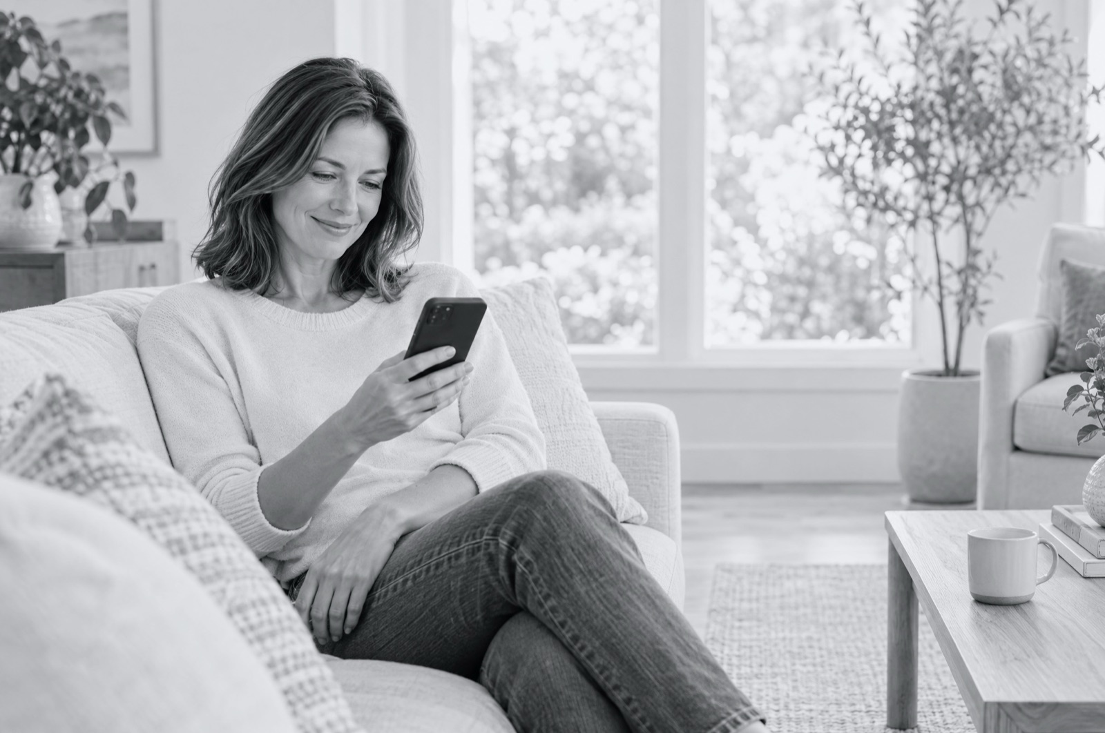 A homeowner on her sofa reading a quote on her phone.