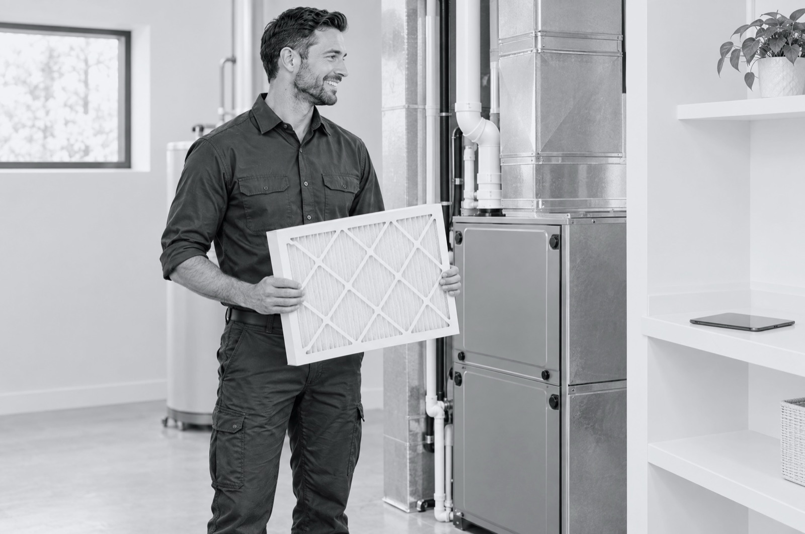 A technician holding a fresh filter during a furnace tune-up.