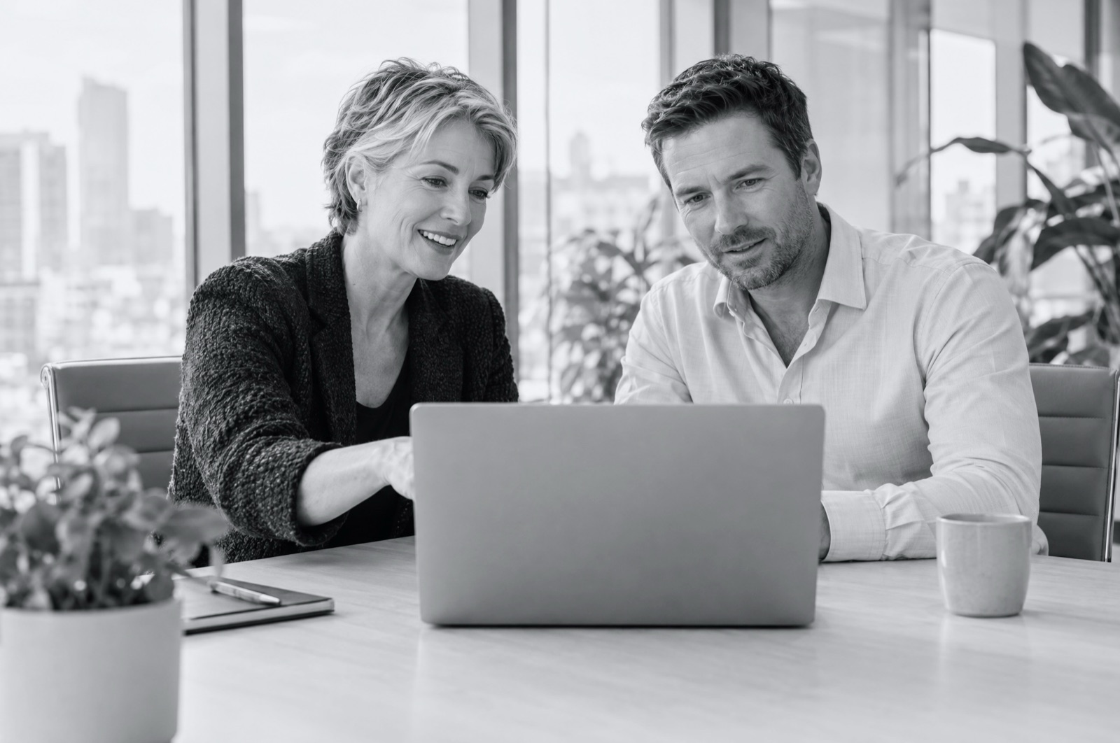 An owner and a regional manager reviewing a laptop together at head office