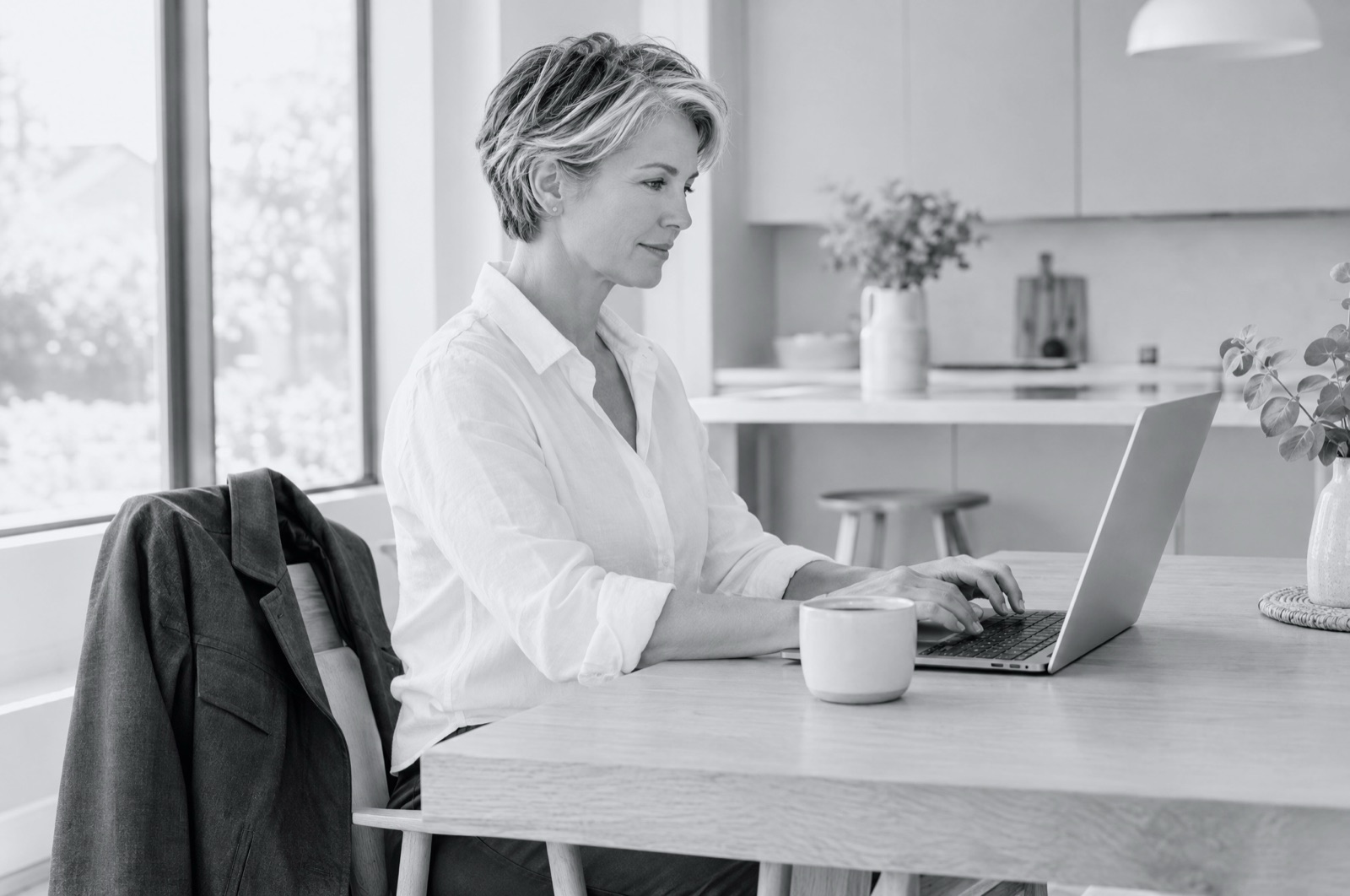 A business owner working on a laptop at her kitchen table in the morning.