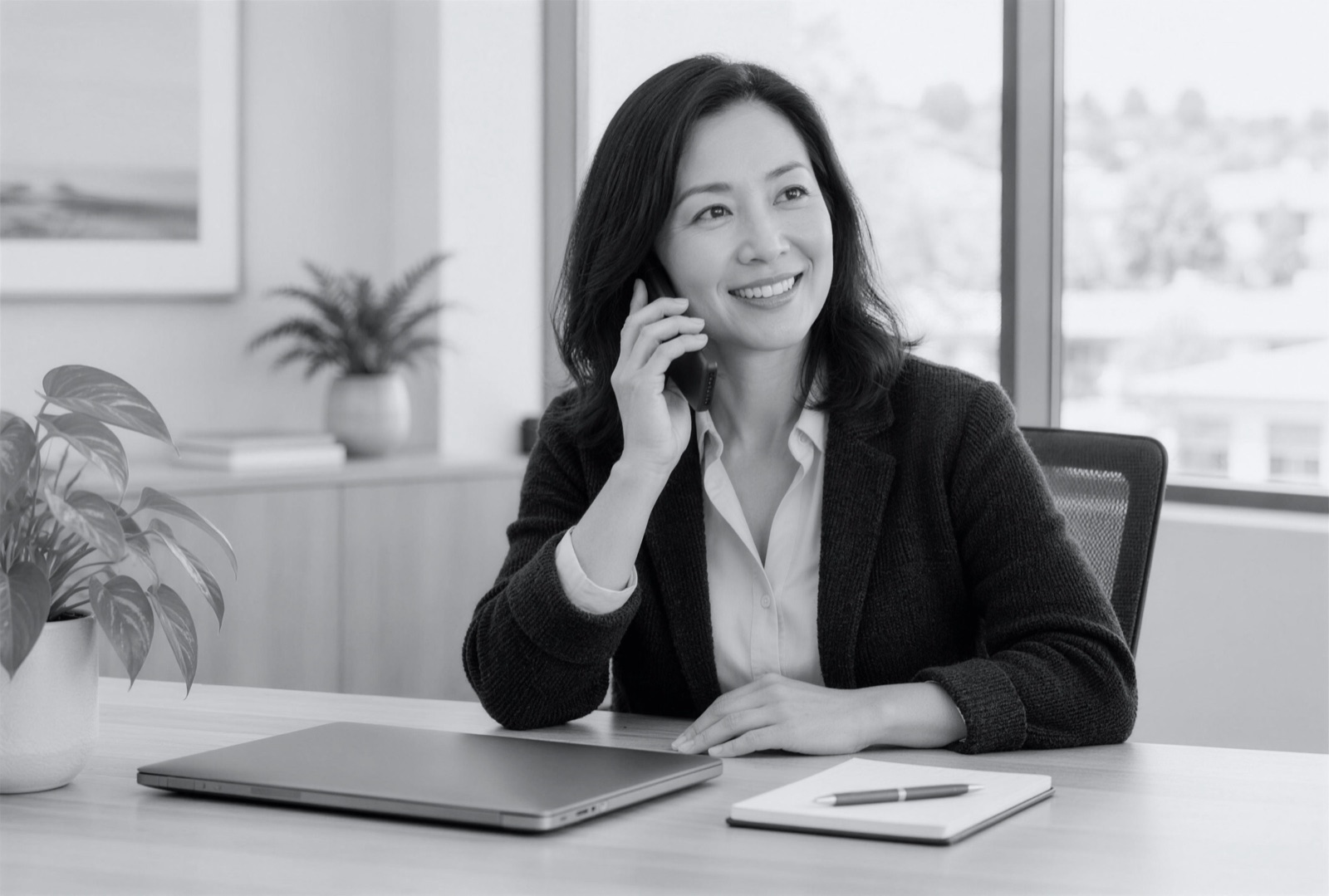 An office manager taking a call at a bright front desk.