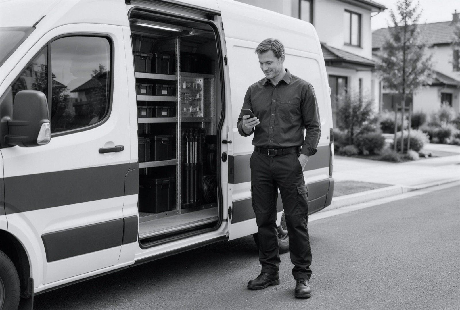 A man in work clothes checking his phone at the open side door of his service van.