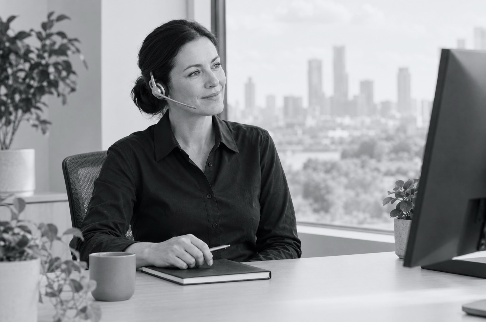 An operations manager on a headset call at a desk by a window