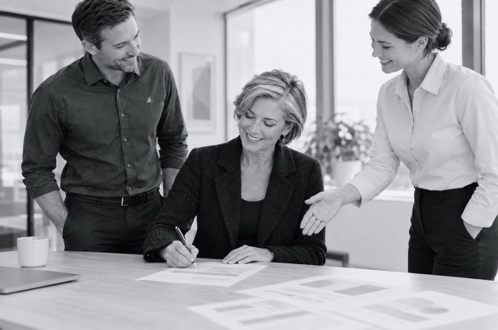 An owner signing off a rollout plan while two branch managers look on