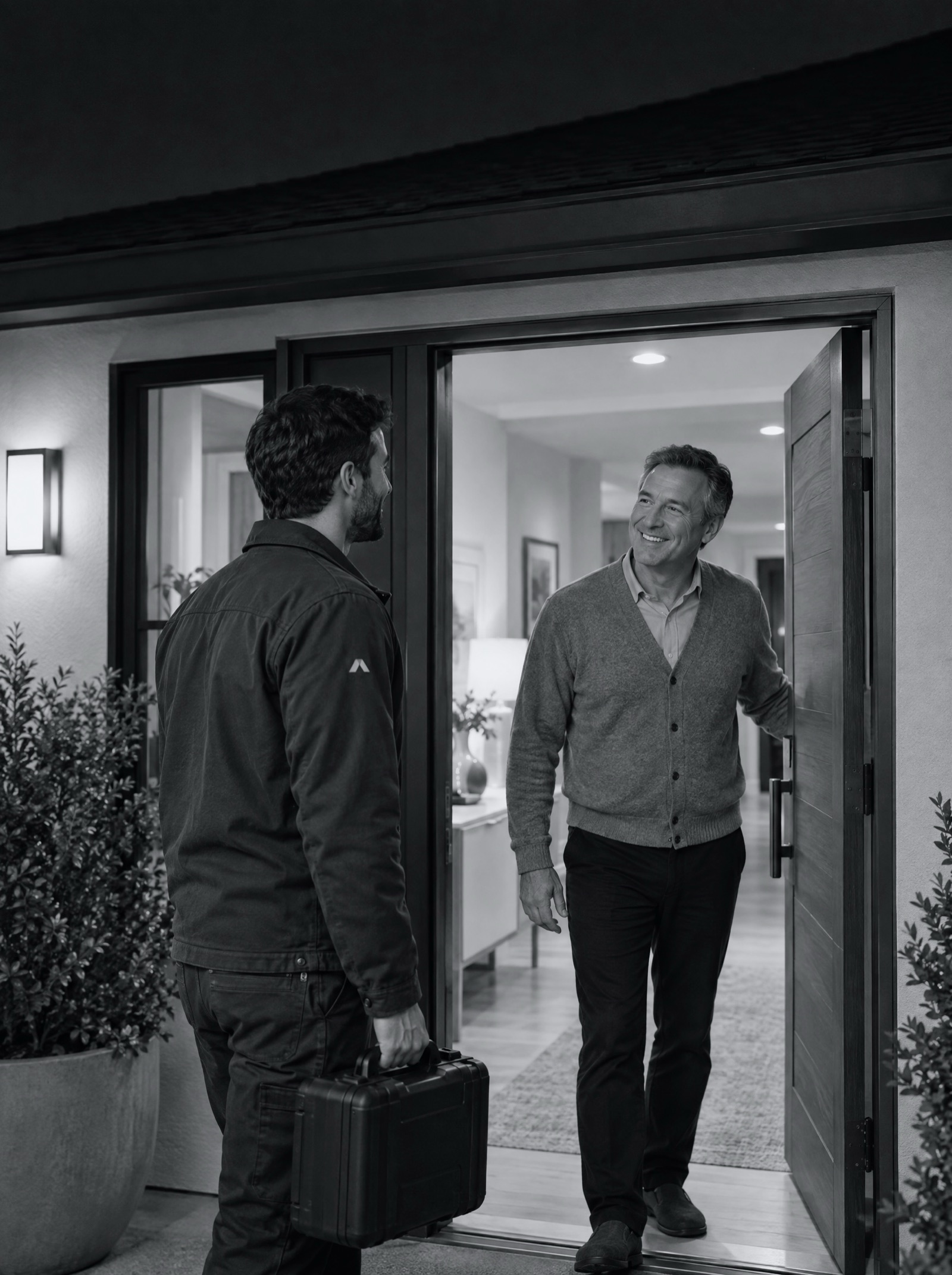 At night, a technician in a charcoal uniform arriving at a lit front door, the homeowner smiling as he opens it
