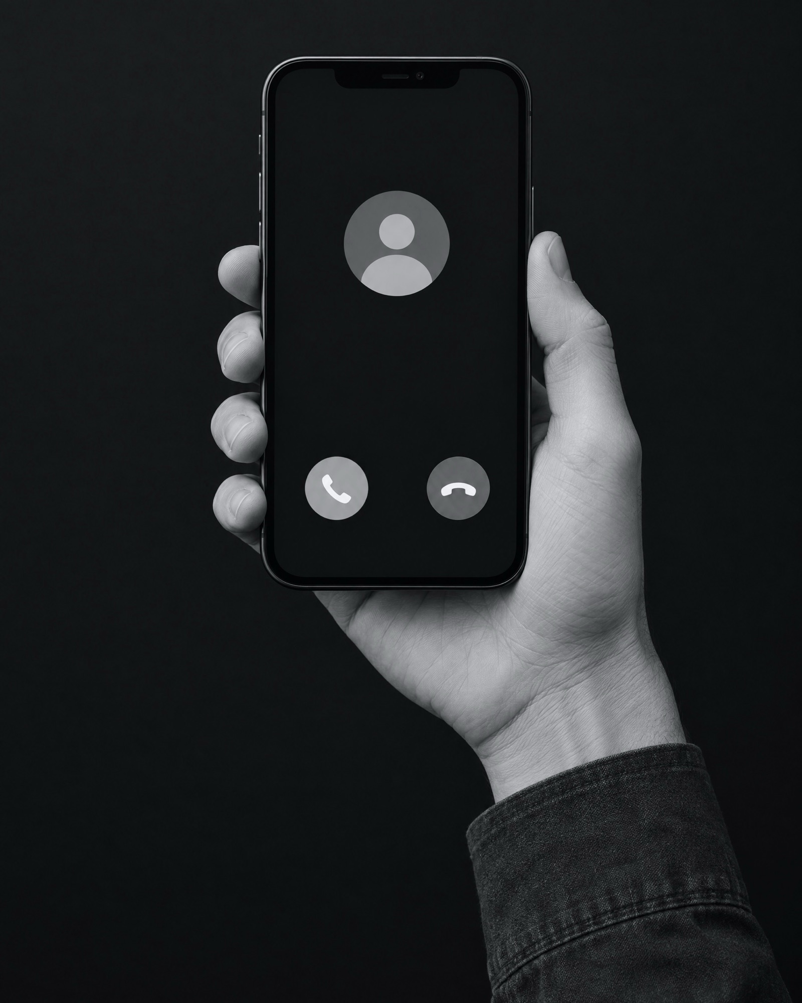 A hand holding a phone with an incoming call on screen, the answer and decline buttons showing.